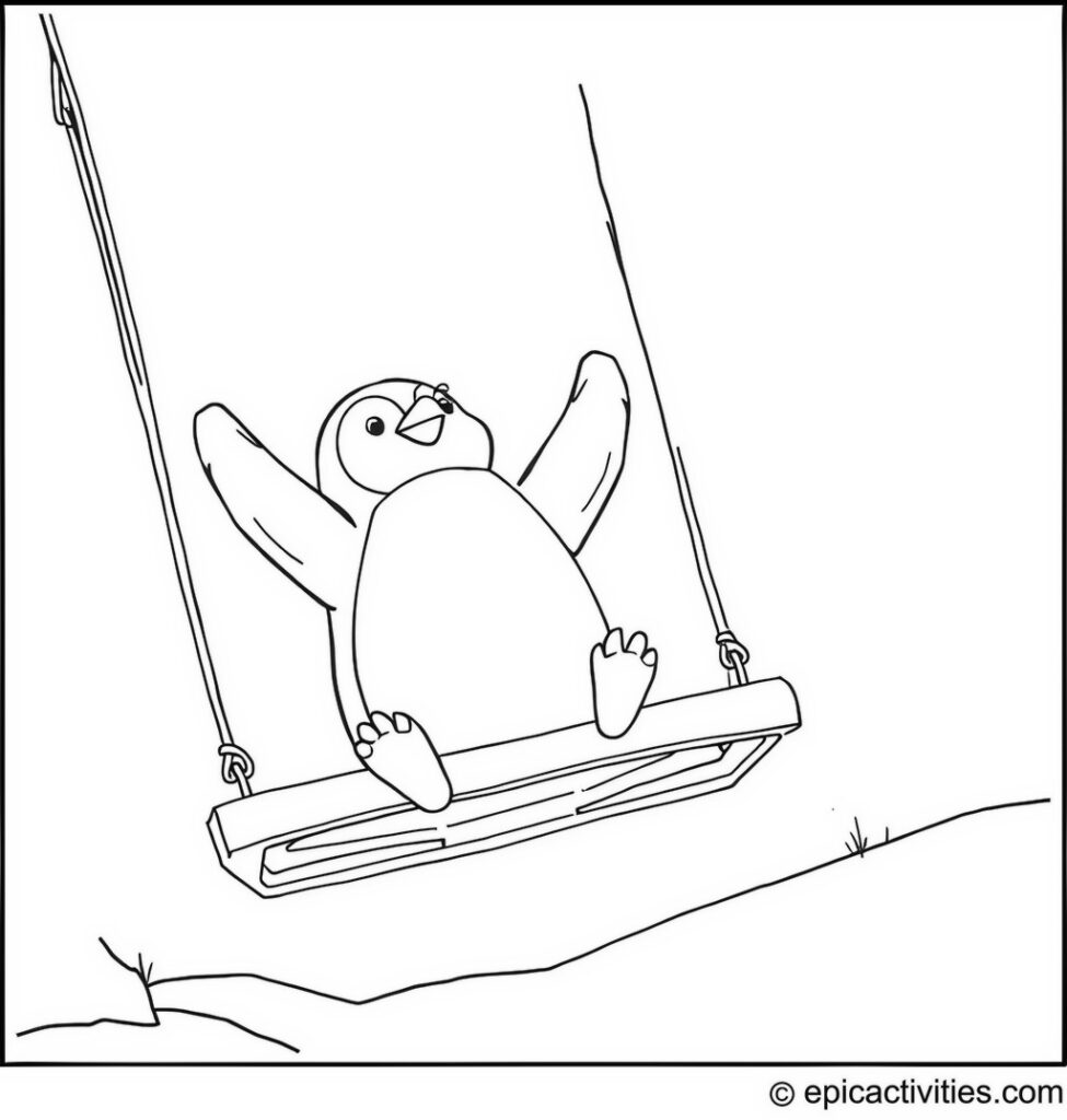 Coloring page of a Penguin Soaring on a Frozen Swing Set