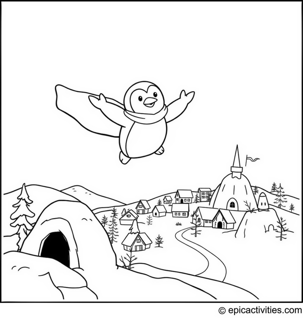 Coloring page of a Penguin Superhero Flying over an Igloo Village