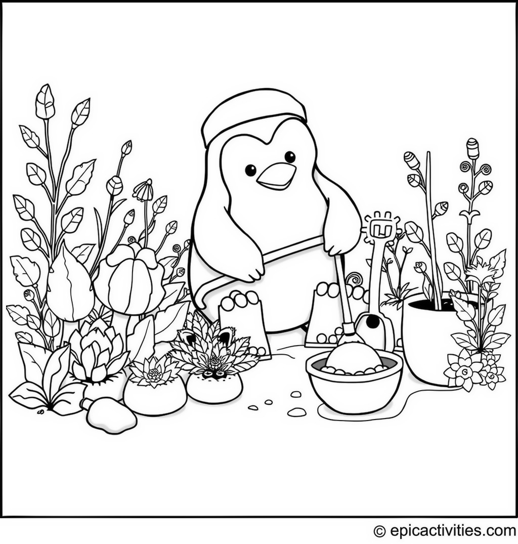 Coloring page of a Penguin Tending a Winter Garden