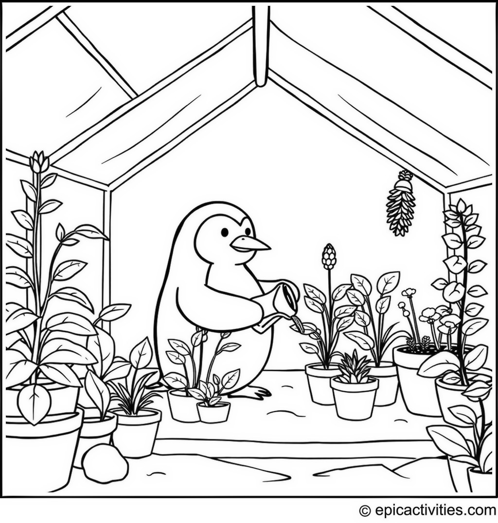 Coloring page of a Penguin Watering Plants in an Arctic Greenhouse