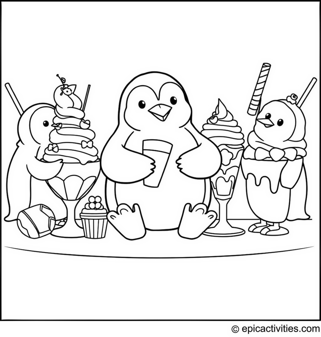 Coloring page of a Penguin’s Ice Cream Social