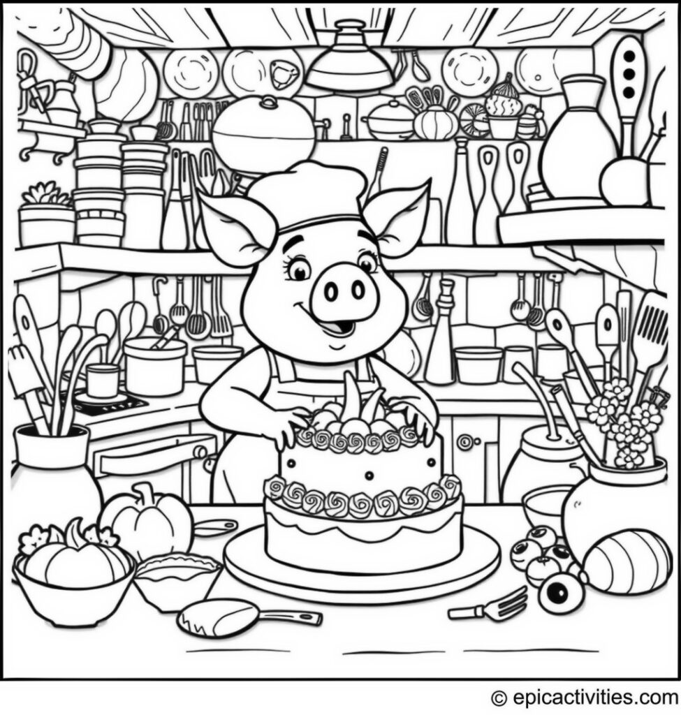 Coloring page of a Pig Baking a Cake in a Kitchen