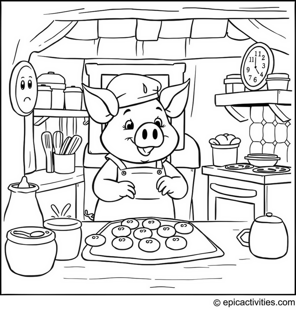 Coloring page of a Pig Baking Cookies in a Quaint Little Kitchen
