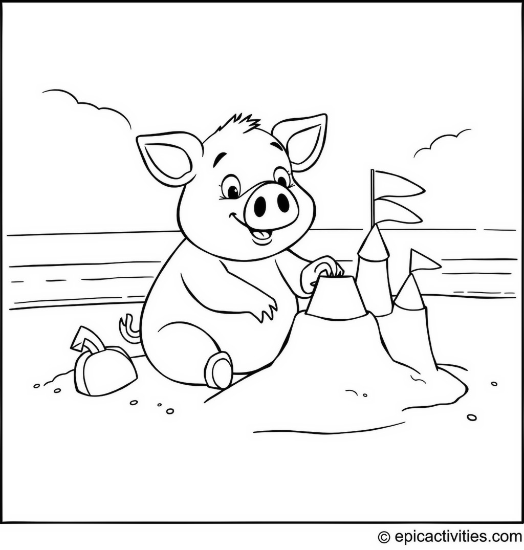 Coloring page of a Pig Building a Sandcastle on a Sunny Beach with Friends