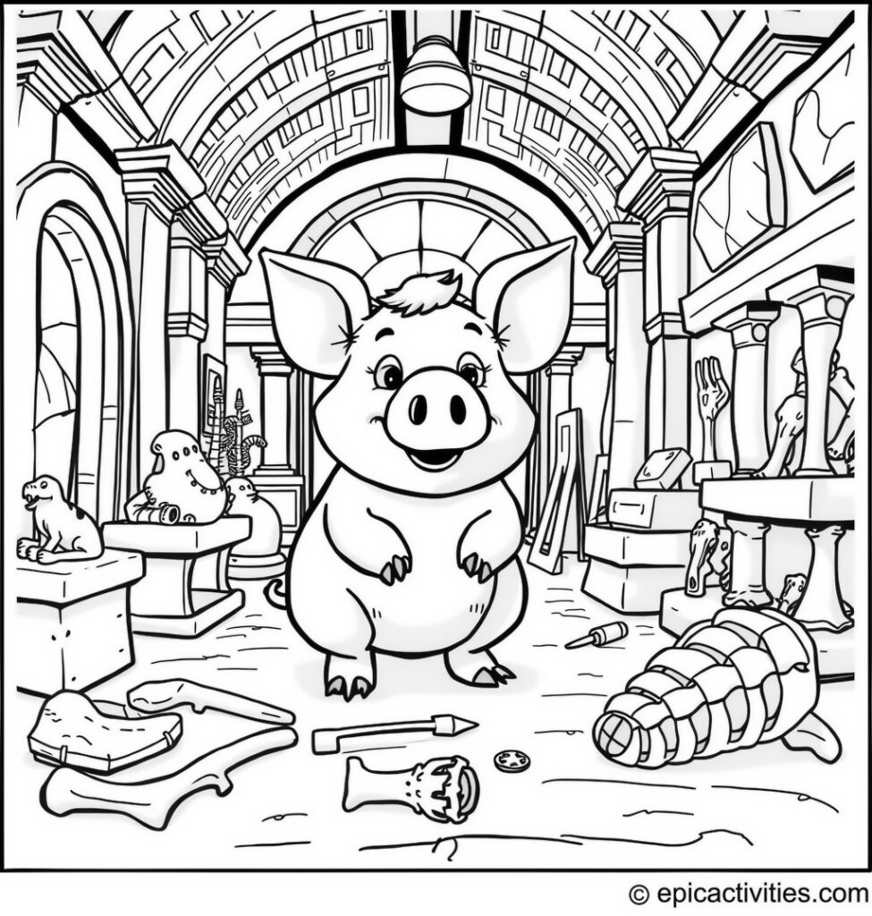 Coloring page of a Pig Exploring an Ancient Museum