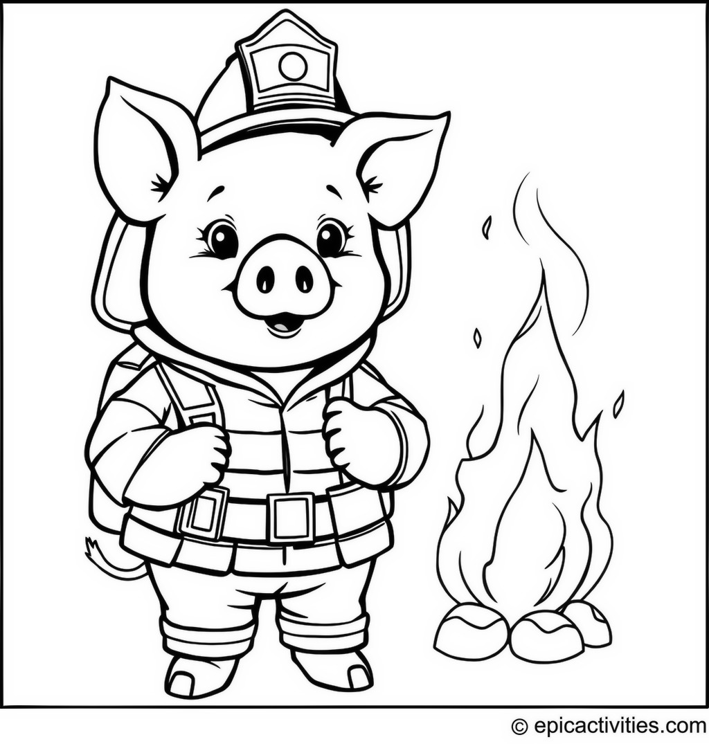 Coloring page of a Pig Firefighter battling a Cartoon Fire