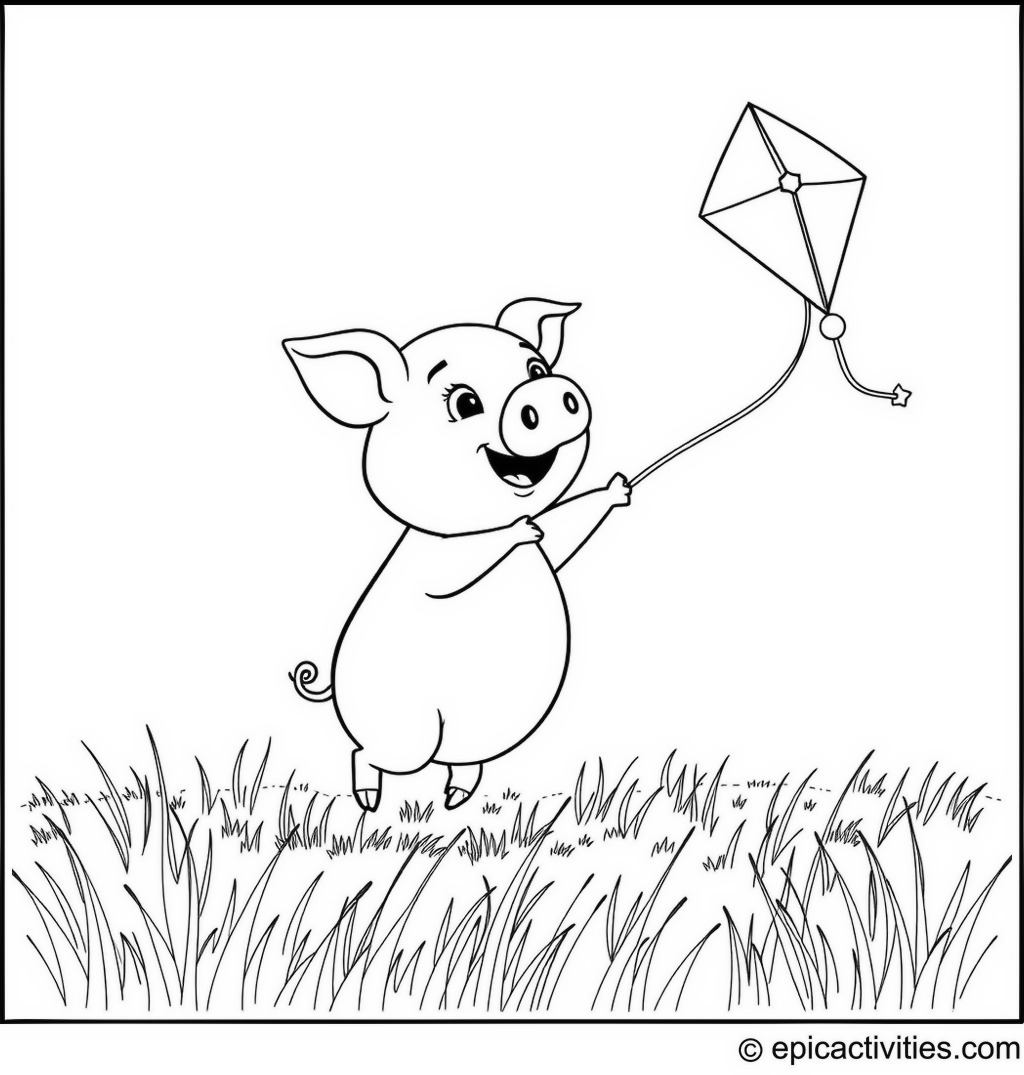 Coloring page of a Pig Flying a Butterfly Kite in a Breezy Field