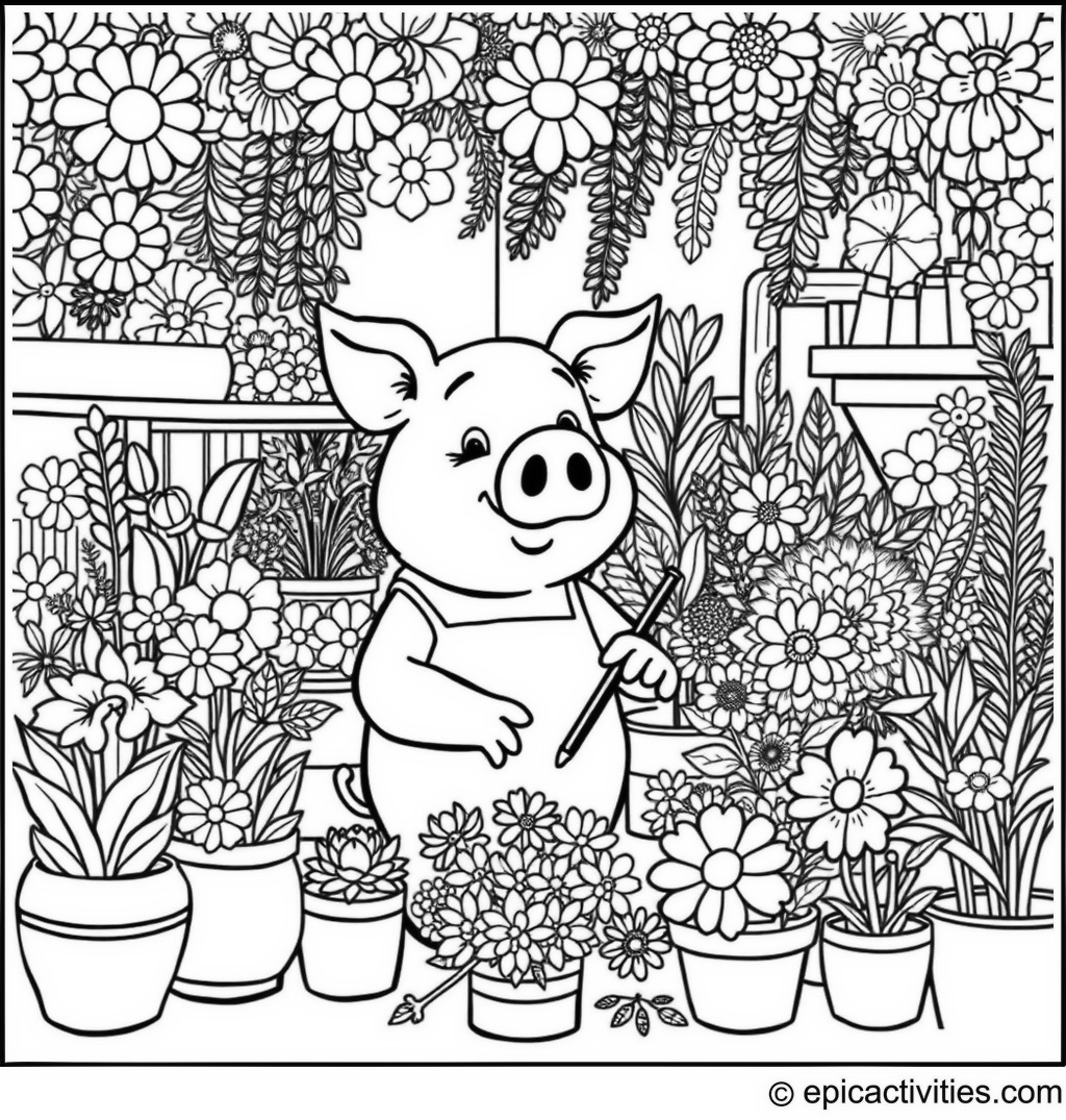 Coloring page of a Pig in a Flower Shop