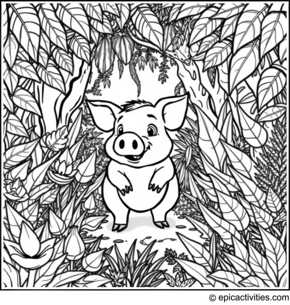 Coloring page of a Pig in a Lush Jungle Adventure