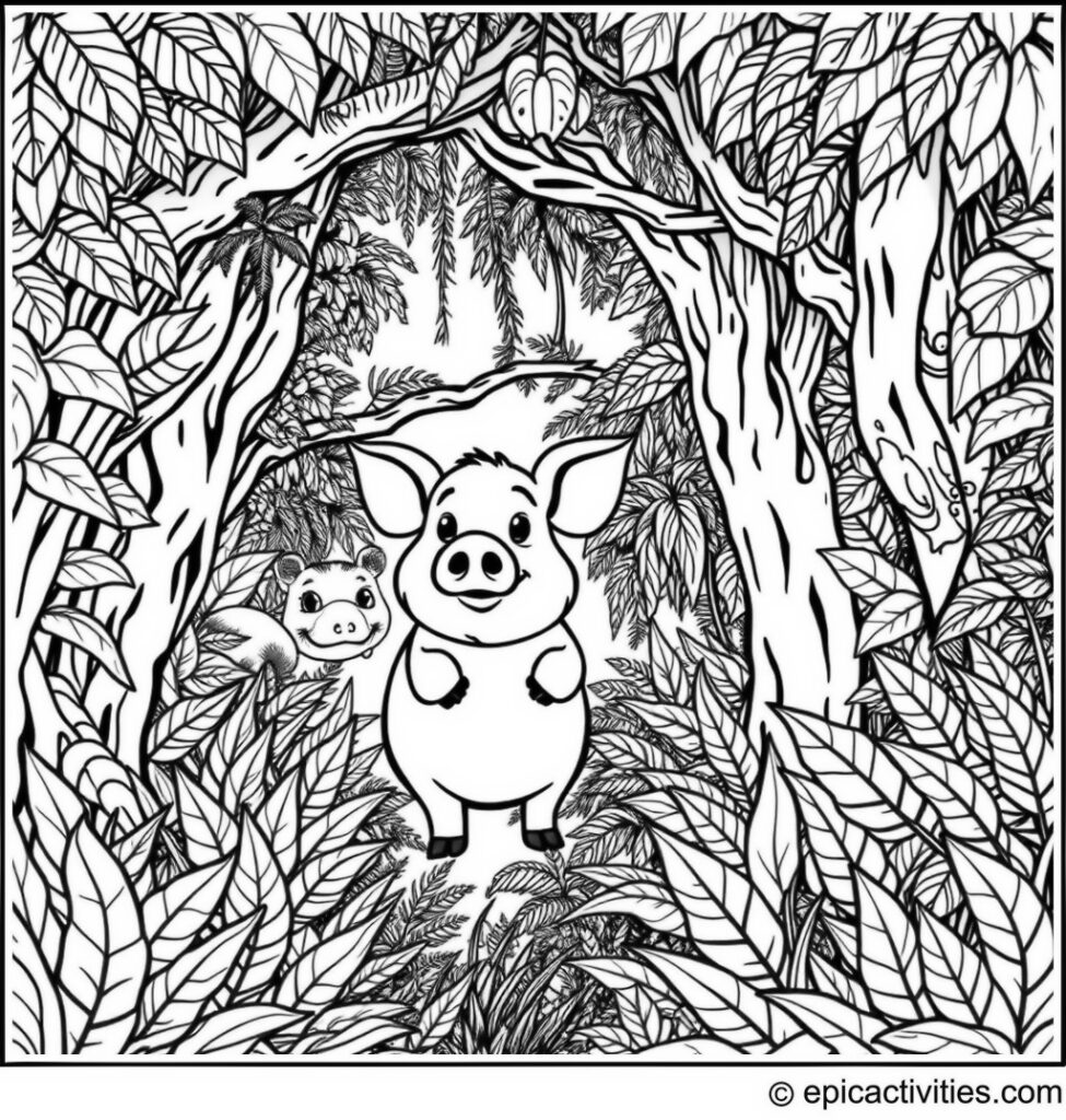 Coloring page of a Pig in a Rainforest Canopy Adventure