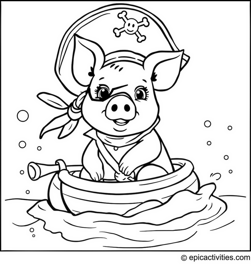 Coloring page of a Pig in Pirate Costume Sailing on a Raft Adventure
