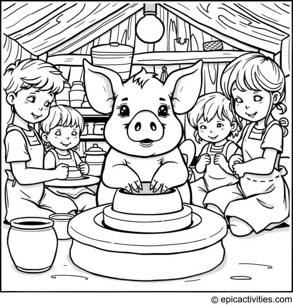 Coloring page of a Pig in Pottery Class