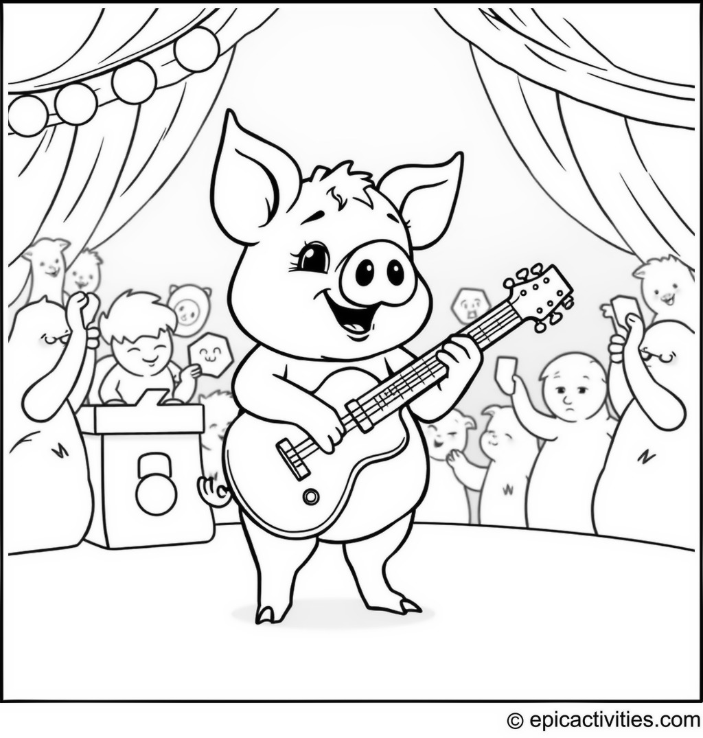 Coloring page of a Pig Playing Guitar at an Animal Concert