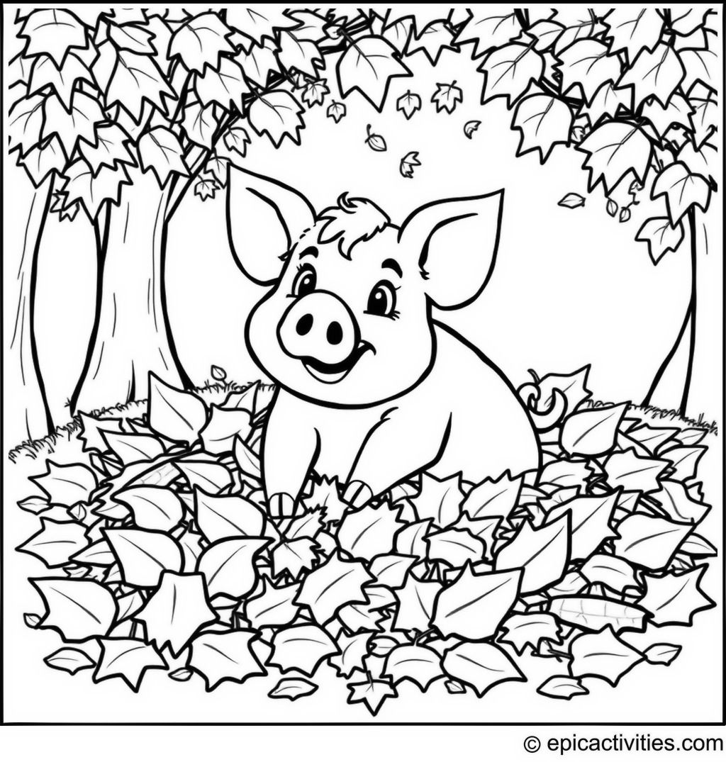 Coloring page of a Pig Playing in a Leaf Pile on an Autumn Day