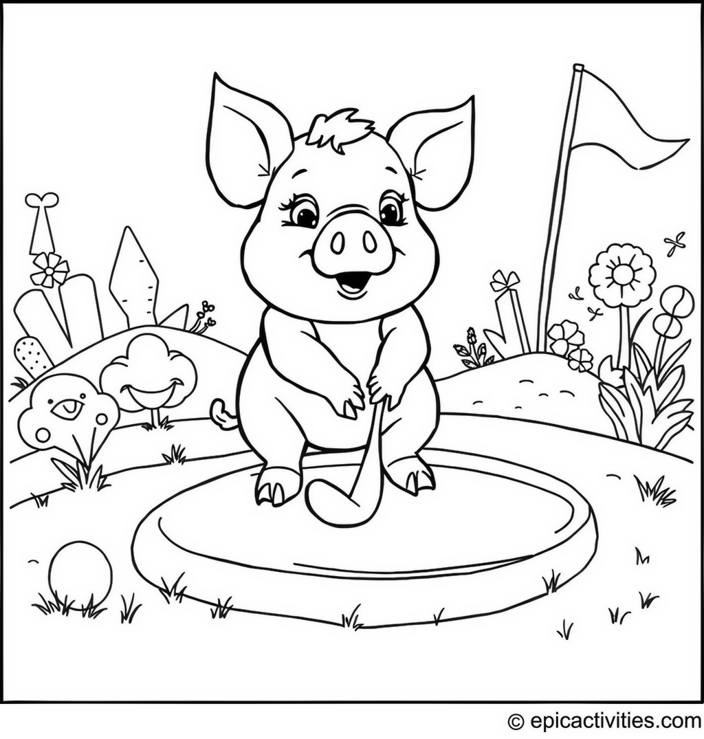 Coloring page of a Pig Playing Mini-Golf on a Whimsical Course