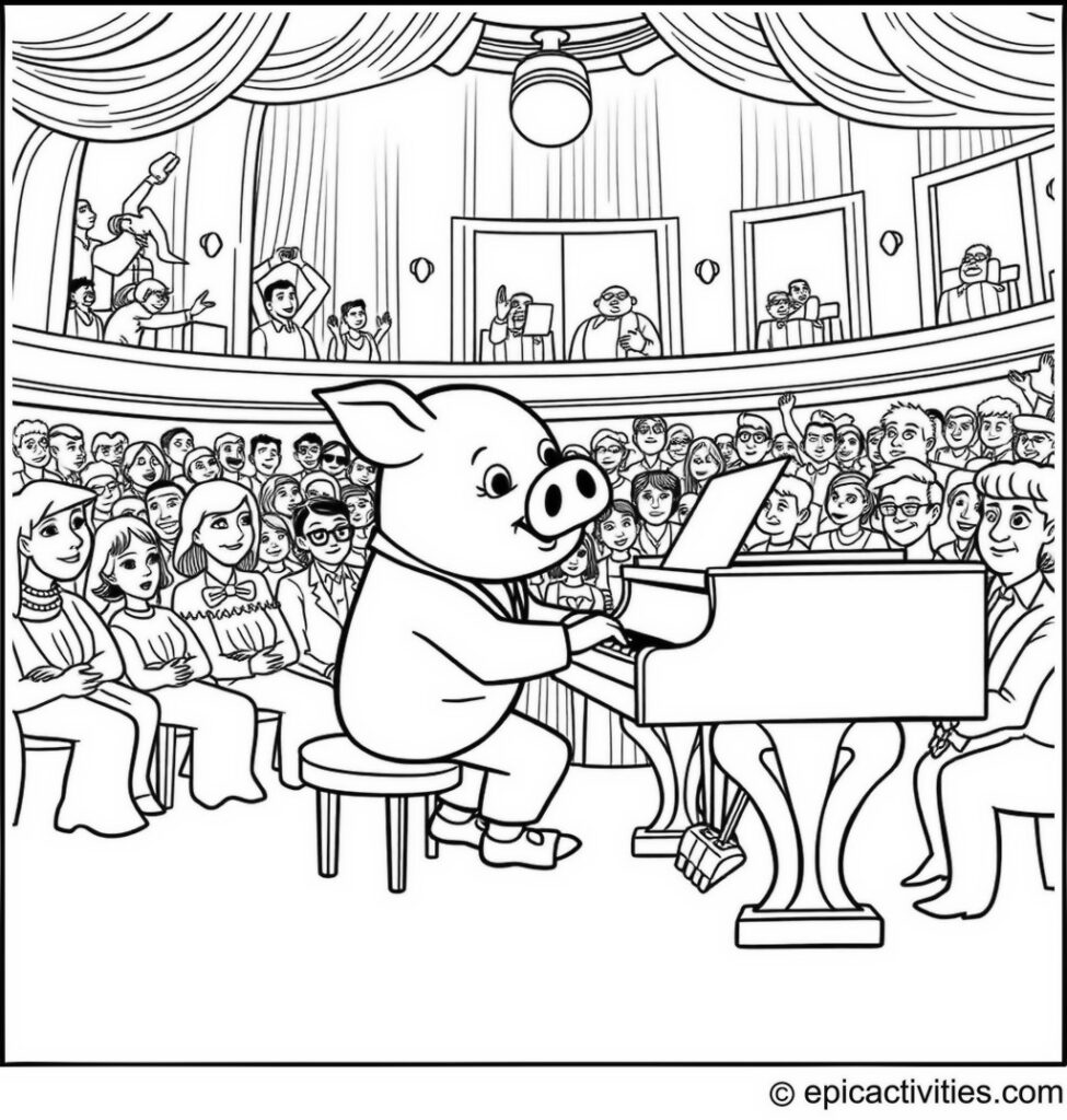 Coloring page of a Pig Playing Piano in a Concert Hall