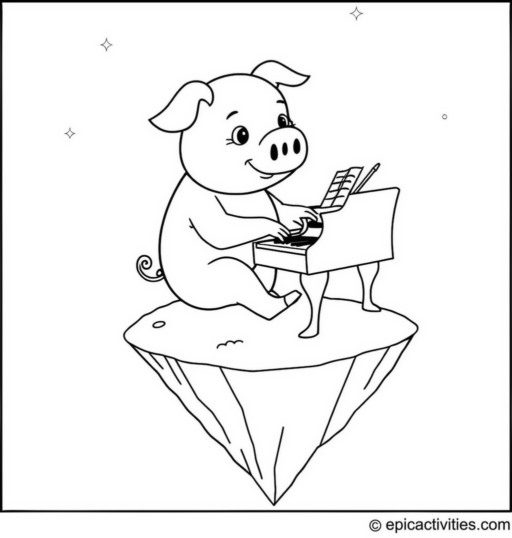 Coloring page of a Pig Playing Piano on a Magical Island
