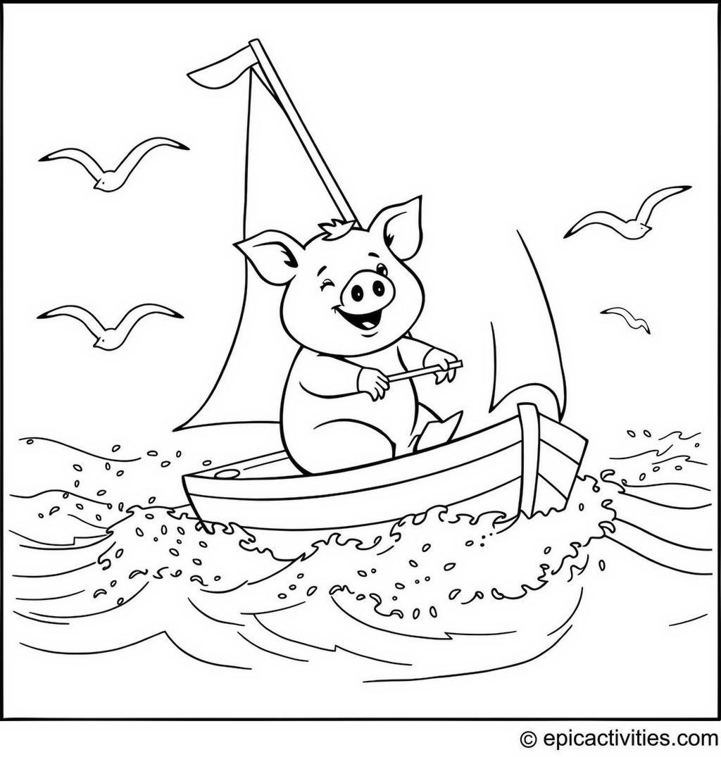 Coloring page of a pig racing a sailboat in the ocean