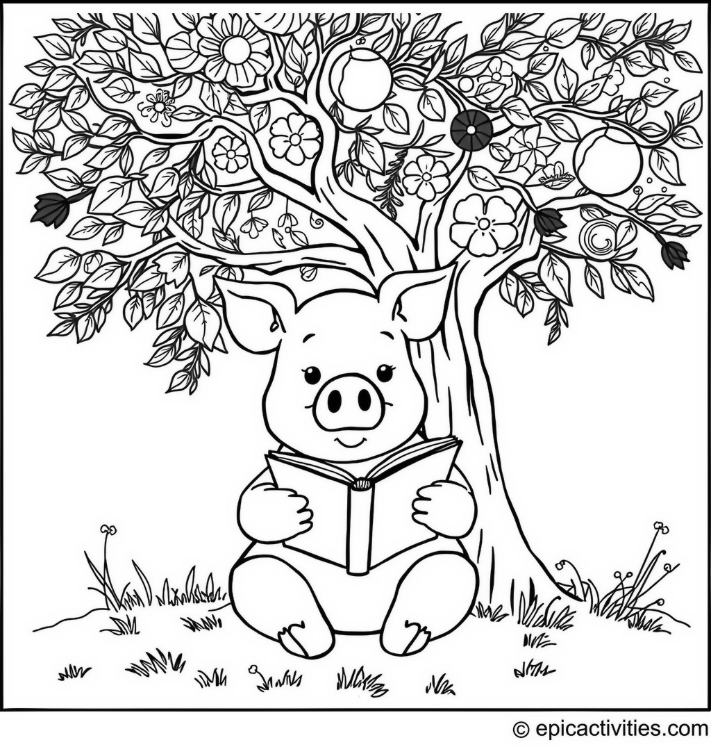Coloring page of a Pig Reading a Big Book under a Whimsical Tree