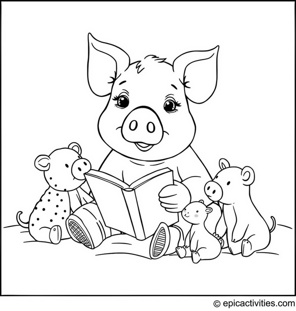 Coloring page of a Pig Reading Bedtime Stories to Small Animal Toys
