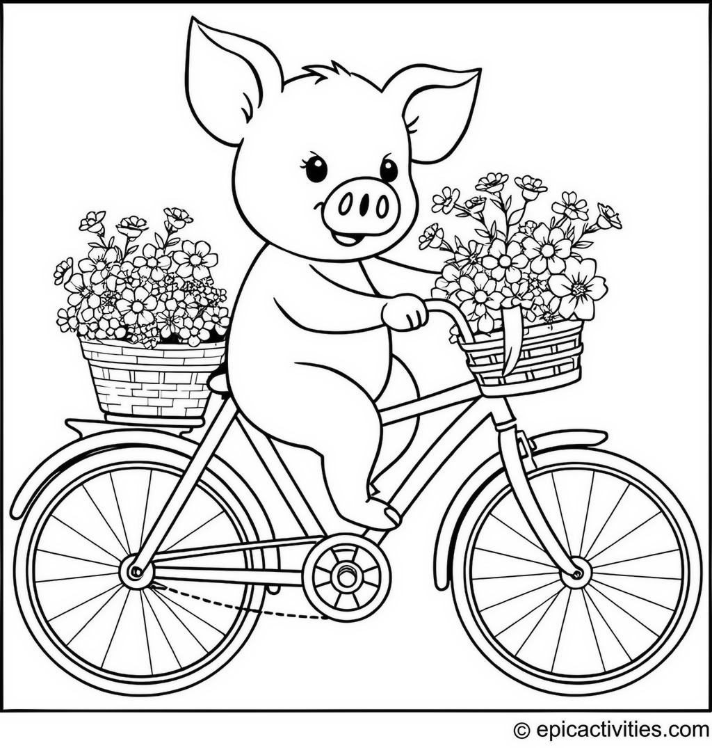 Coloring page of a Pig Riding a Bicycle with a Basket of Flowers