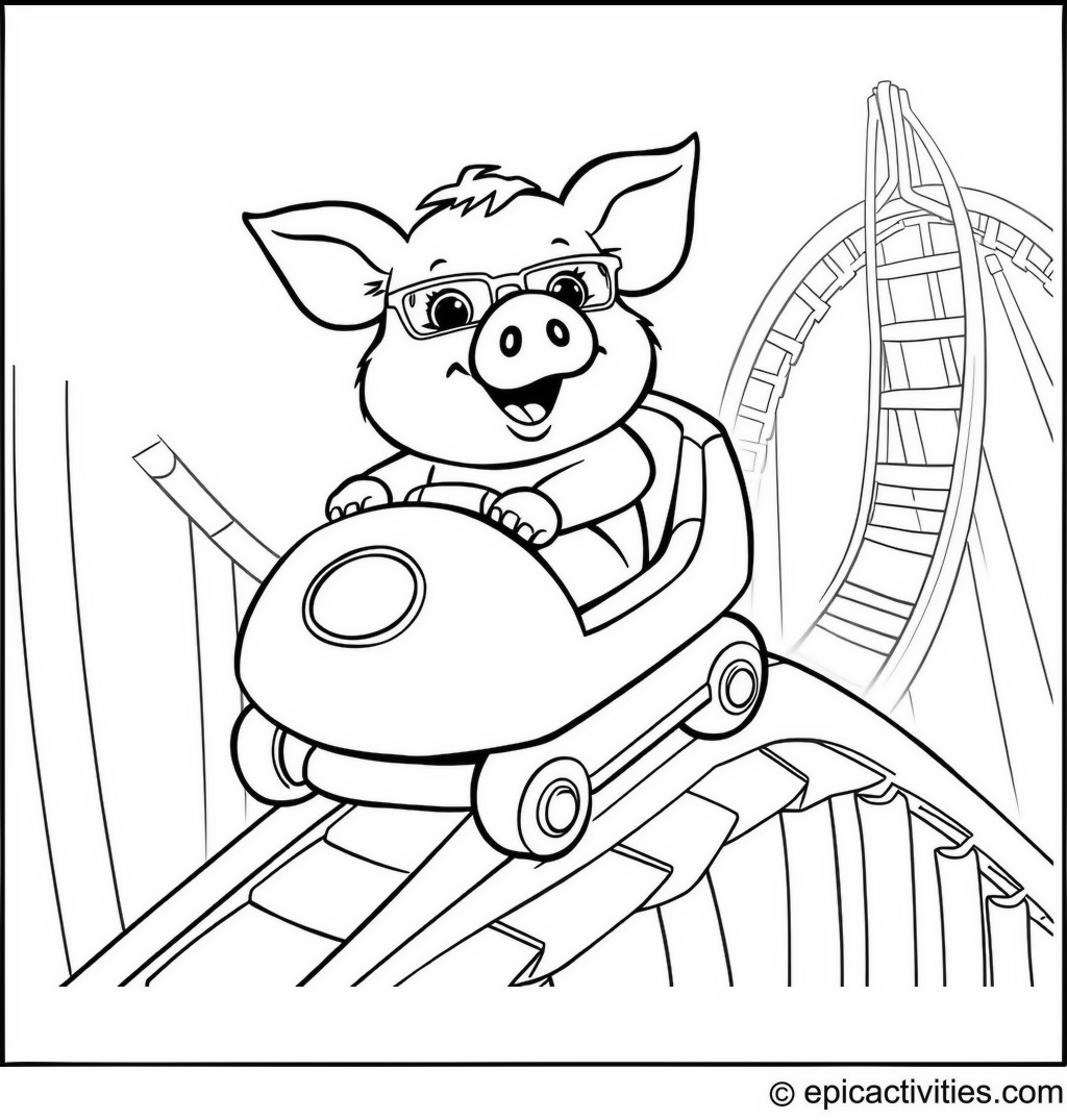 Coloring page of a Pig Riding a Rollercoaster Adventure