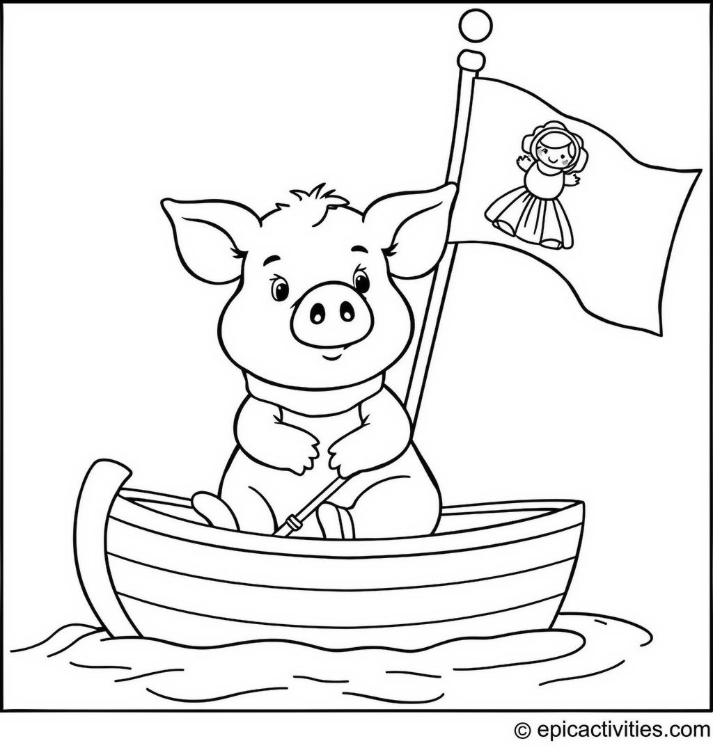 Coloring page of a Pig Sailing a Boat with a Personalized Flag