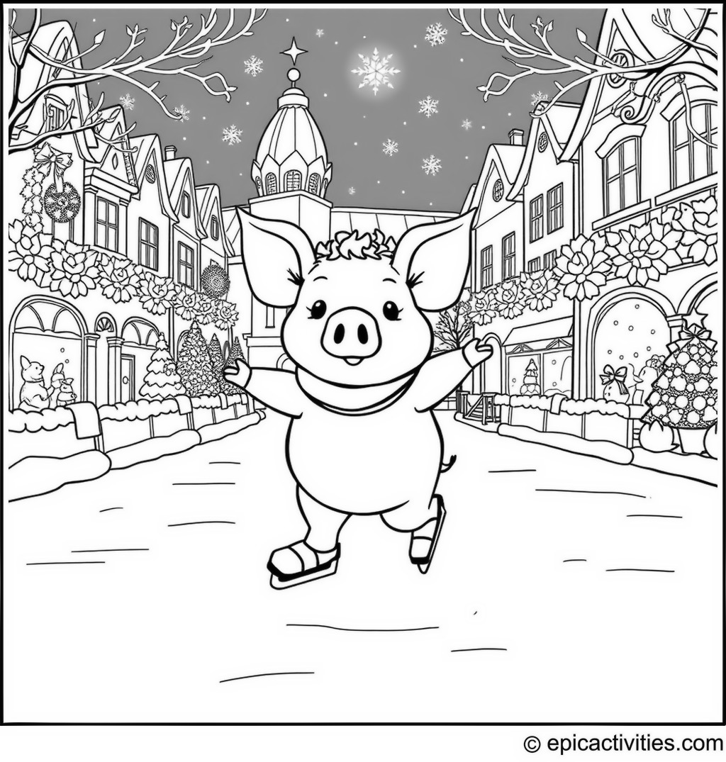 Coloring page of a Pig Skating on an Ice Rink