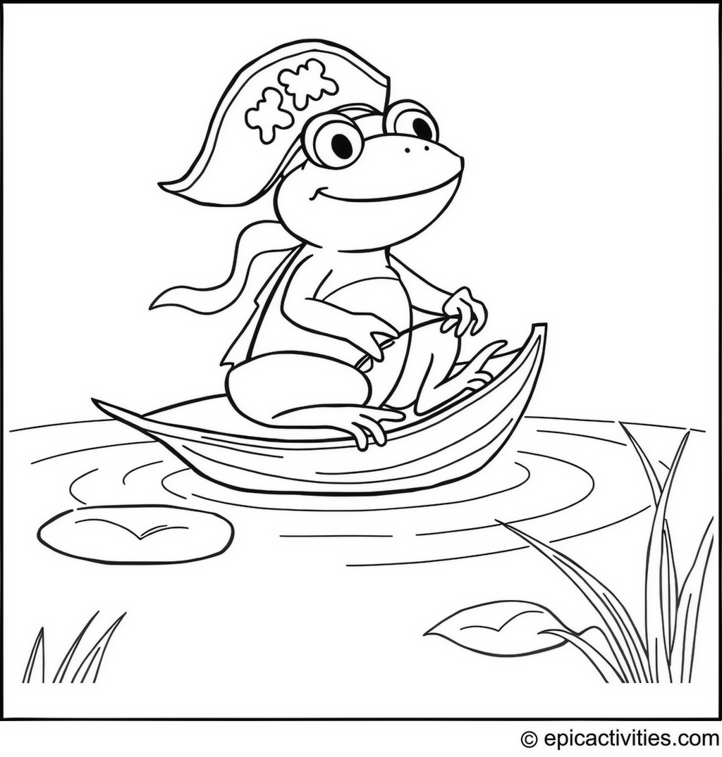 Coloring page of a Pirate Frog Sailing on a Leaf Boat