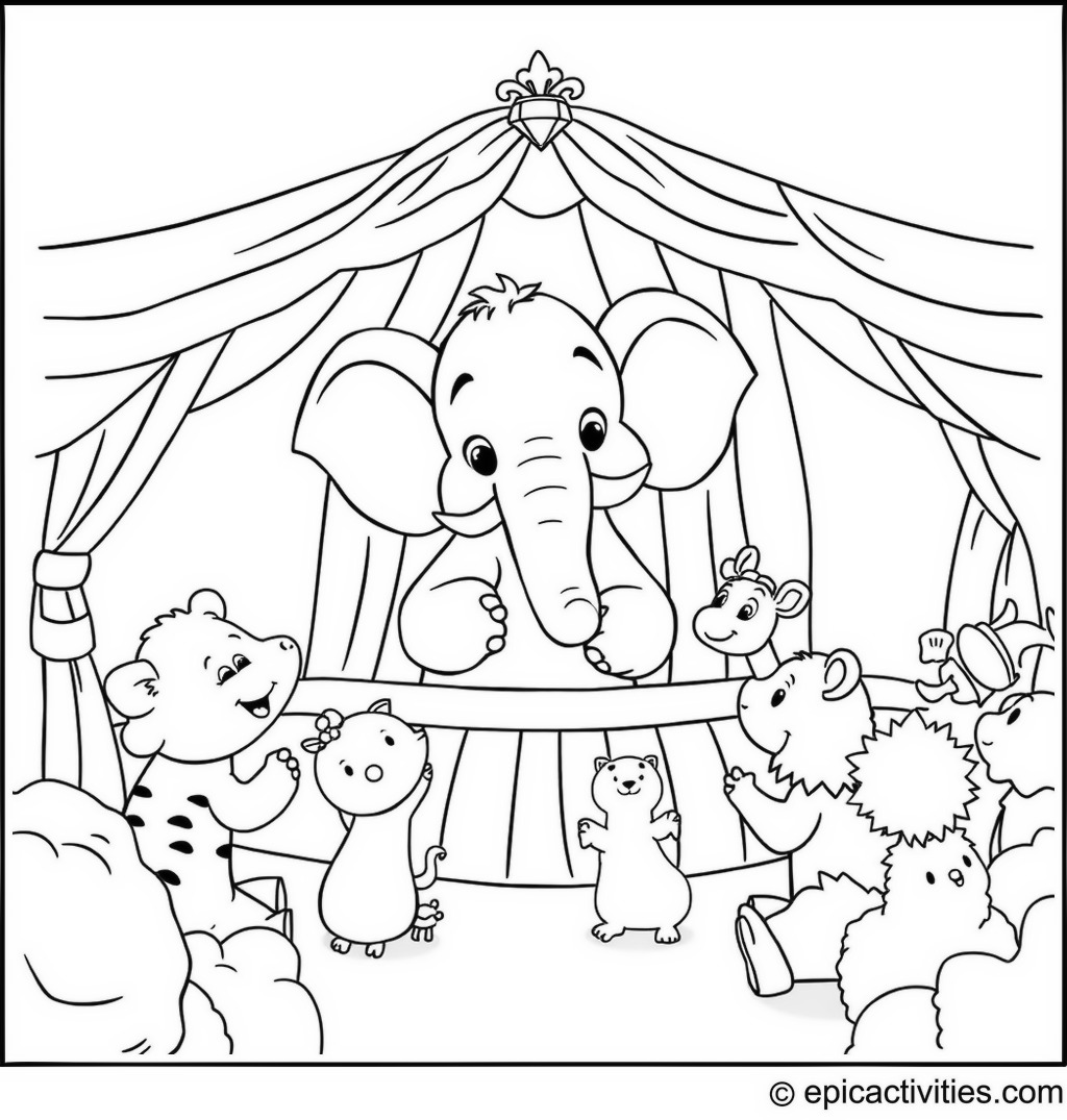 Coloring page of a Playful Cartoon Elephant at a Puppet Show