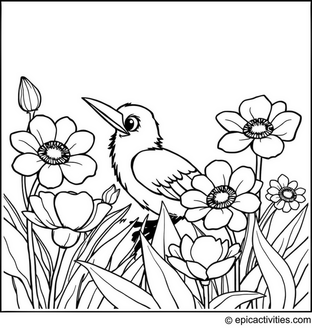 Coloring page of a Playful Cartoon Raven Hiding Behind Oversized Flowers