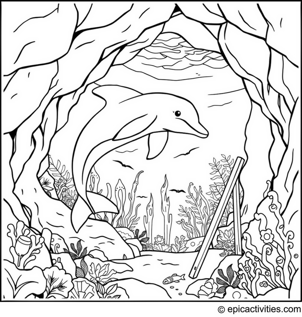 Coloring page of a Playful Dolphin Painting an Underwater Mural