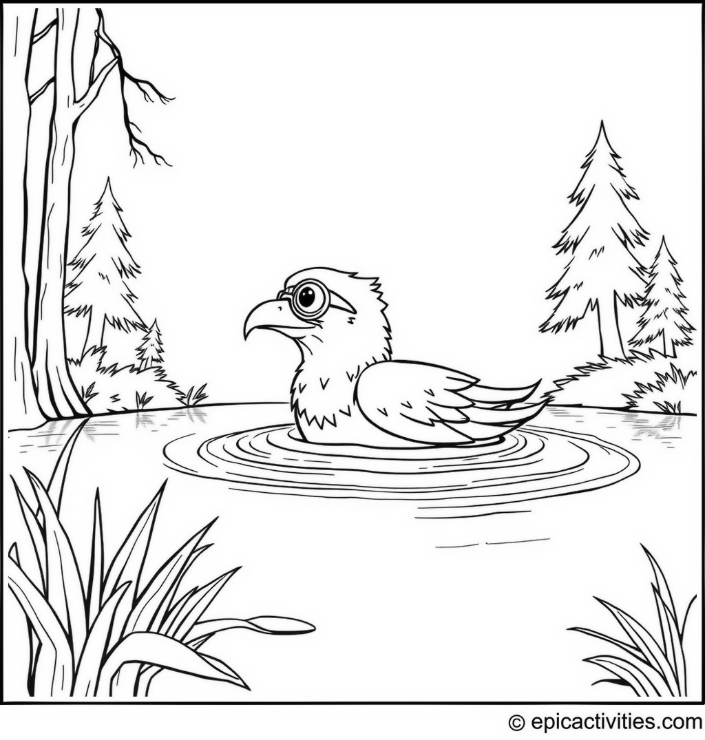 Coloring page of a Playful Eagle Swimming in a Forest Pond