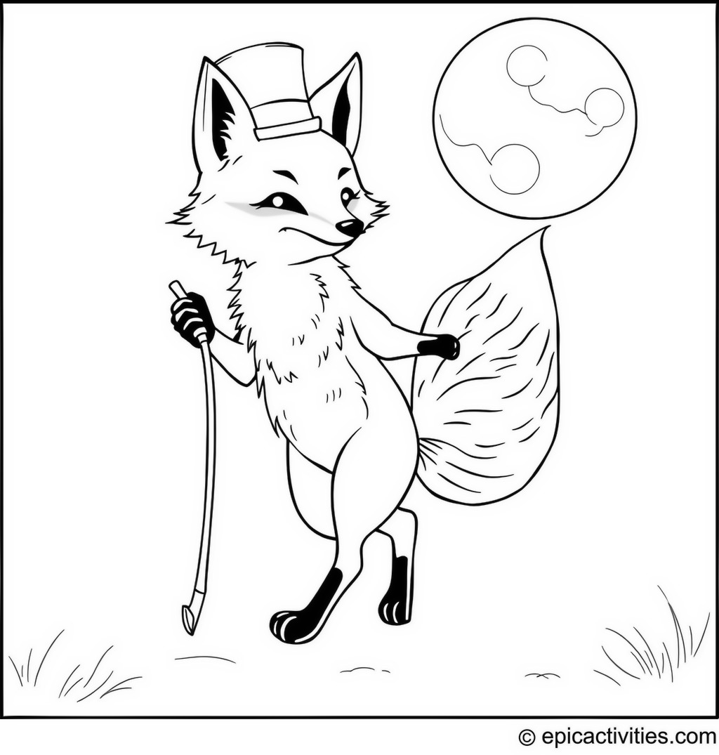 Coloring page of a Playful Fox in a Tiny Top Hat and Cane Dancing in the Moonlight