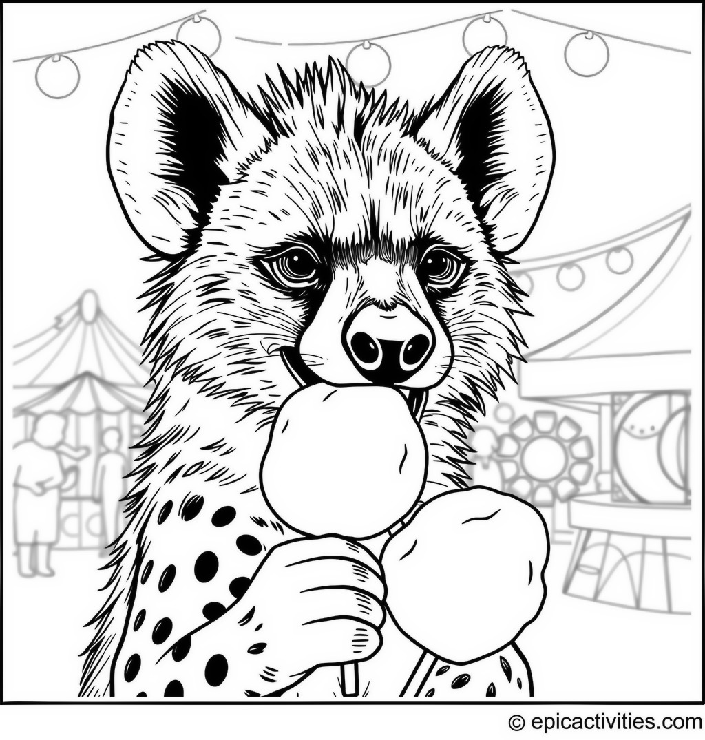 Coloring page of a playful hyena at a fun fair, eating cotton candy