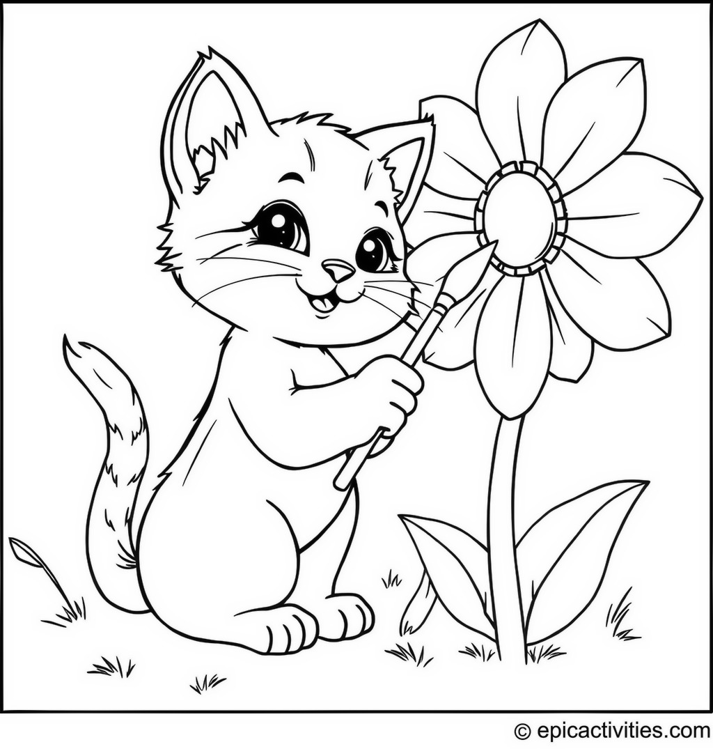 Coloring page of a playful kitten painting a giant flower