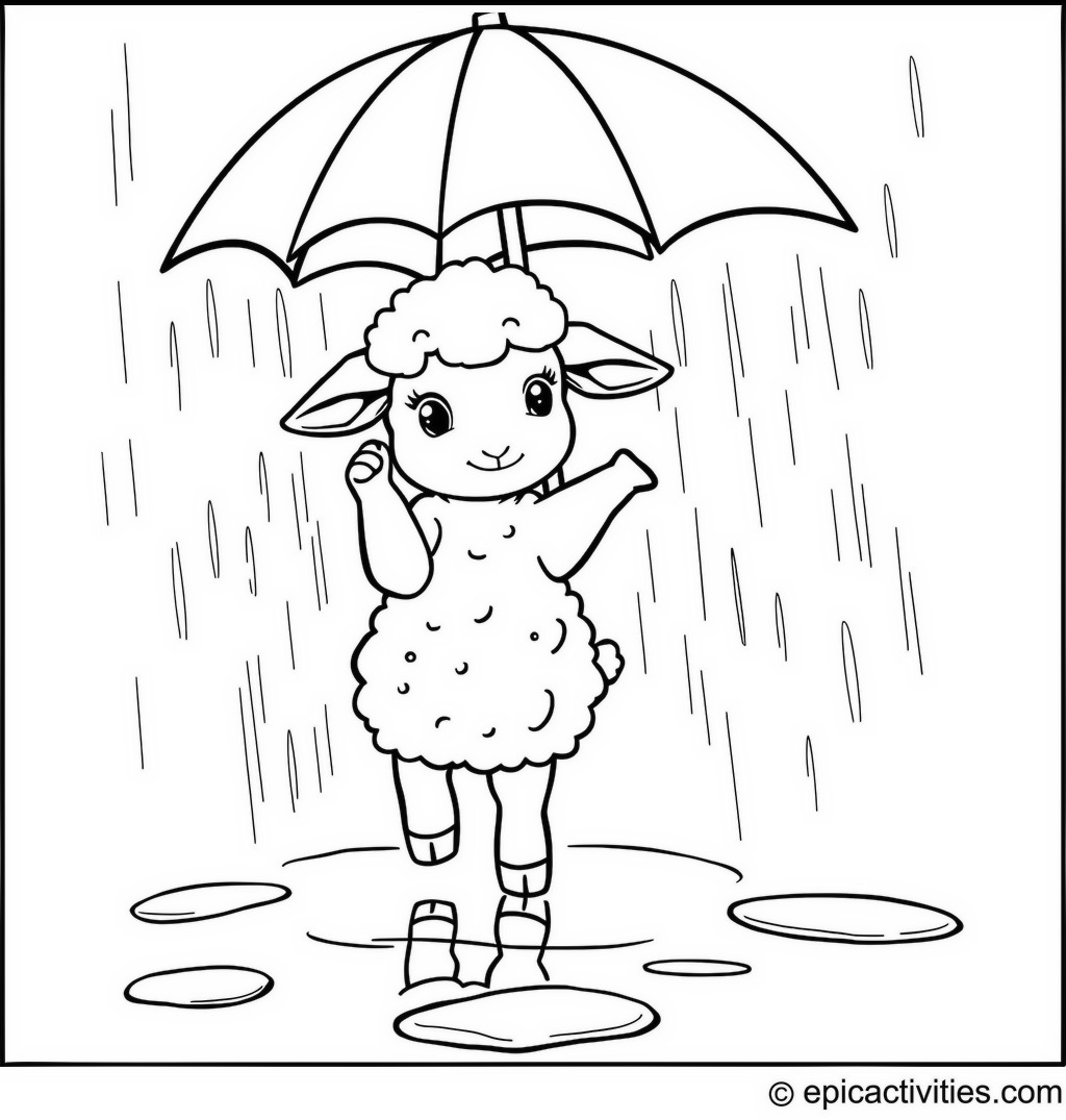 Coloring page of a Playful Lamb Dancing in the Rain with an Umbrella