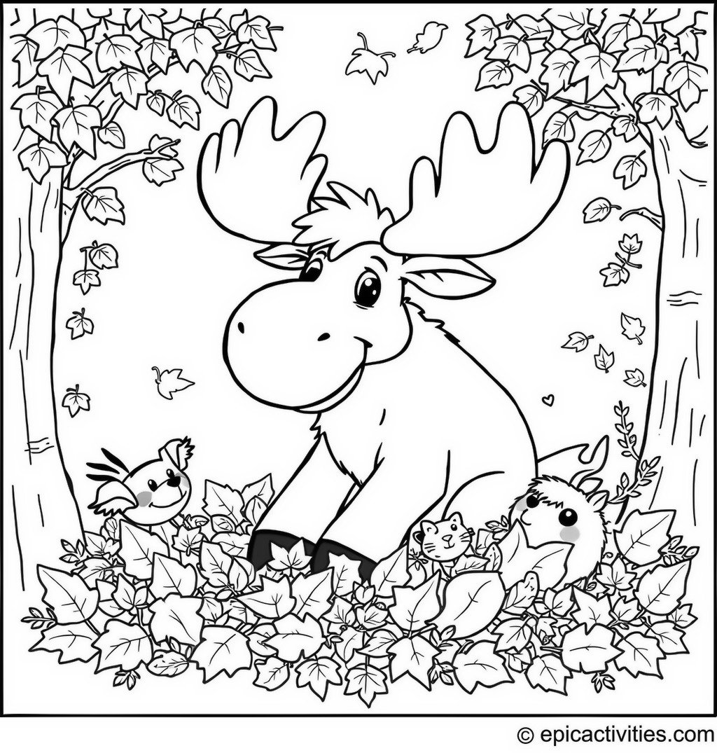 Coloring page of a Playful Moose in an Autumn Scene with Woodland Creatures