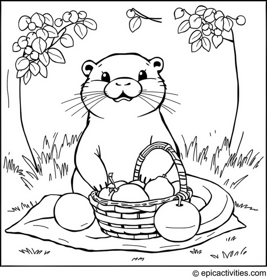 Coloring page of a Playful Otter Having a Picnic with Cartoon Fruits