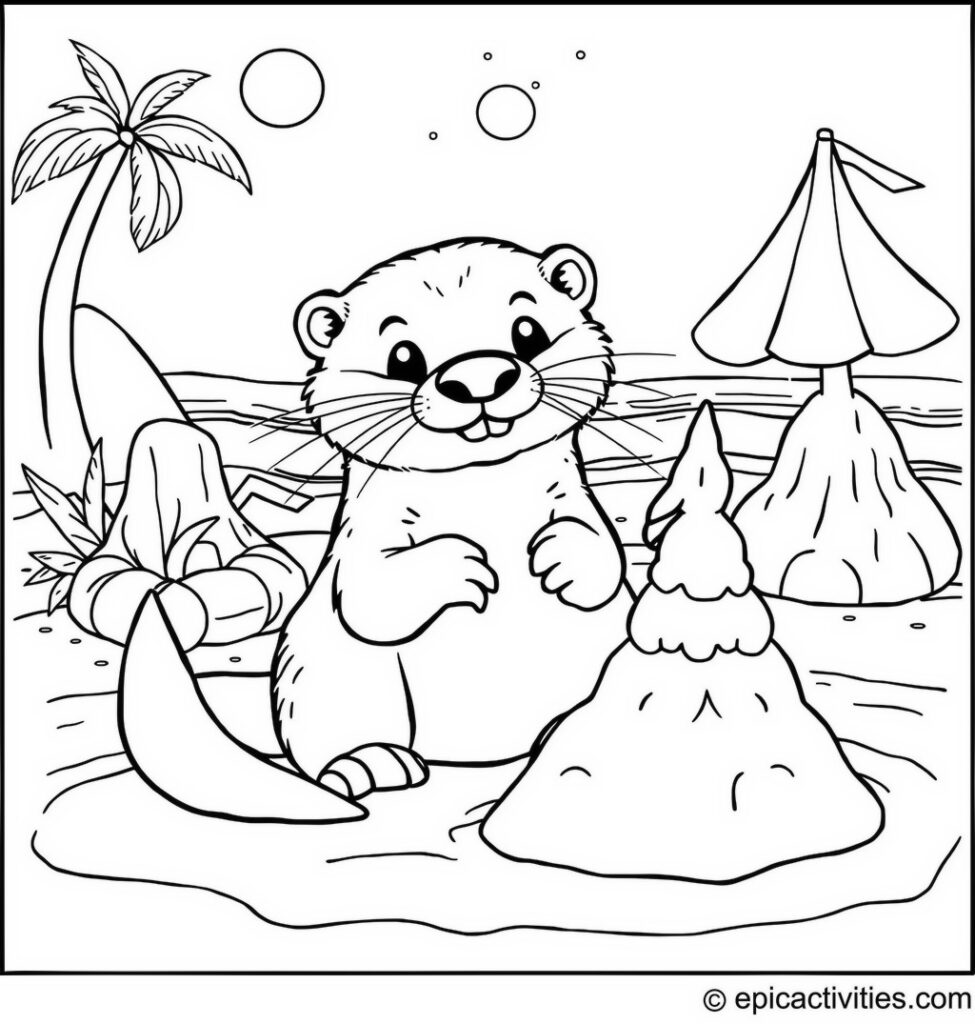 Coloring page of a Playful Otter Making Sand Sculptures on the Beach