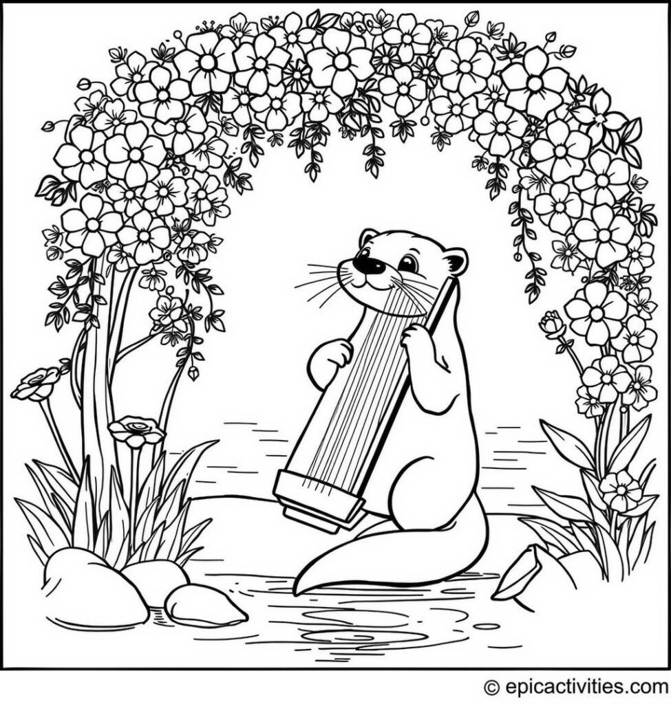 Coloring page of a Playful Otter Playing the Harp by the Riverside