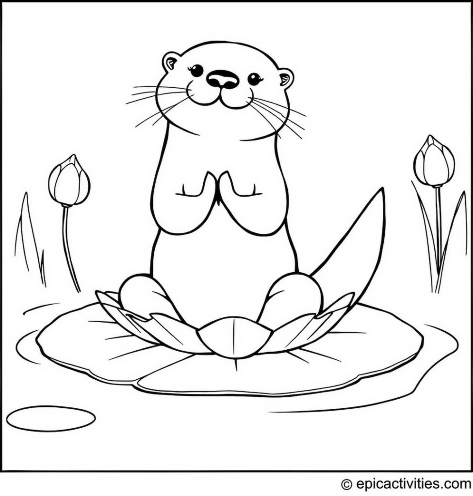 Coloring page of a Playful Otter Practicing Yoga on a Lily Pad