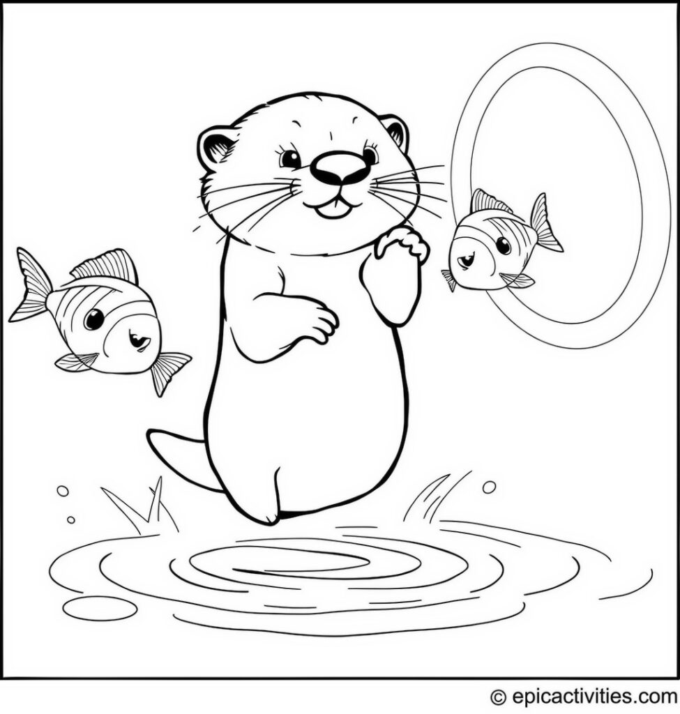Coloring page of a playful otter teaching fish to jump through glowing hoops