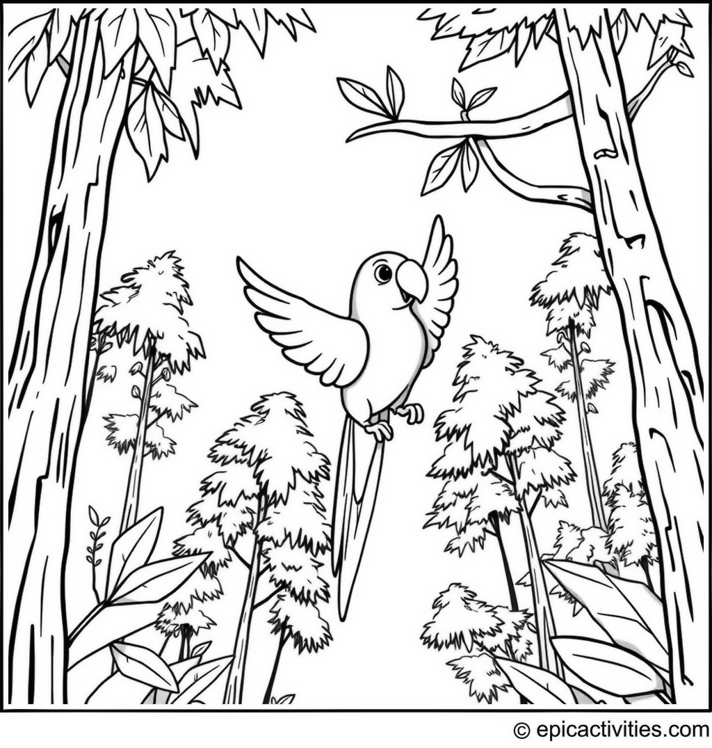 Coloring page of a playful parrot swinging in the jungle