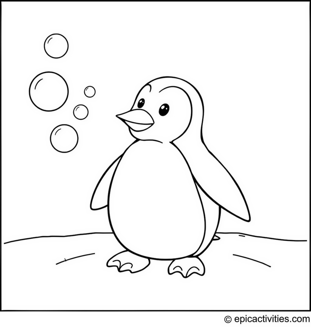 Coloring page of a Playful Penguin Blowing Bubbles in the Snow