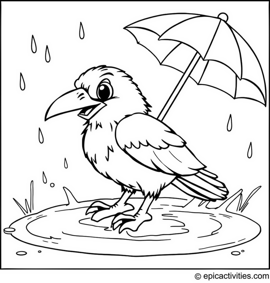 Coloring page of a playful raven enjoying the rain