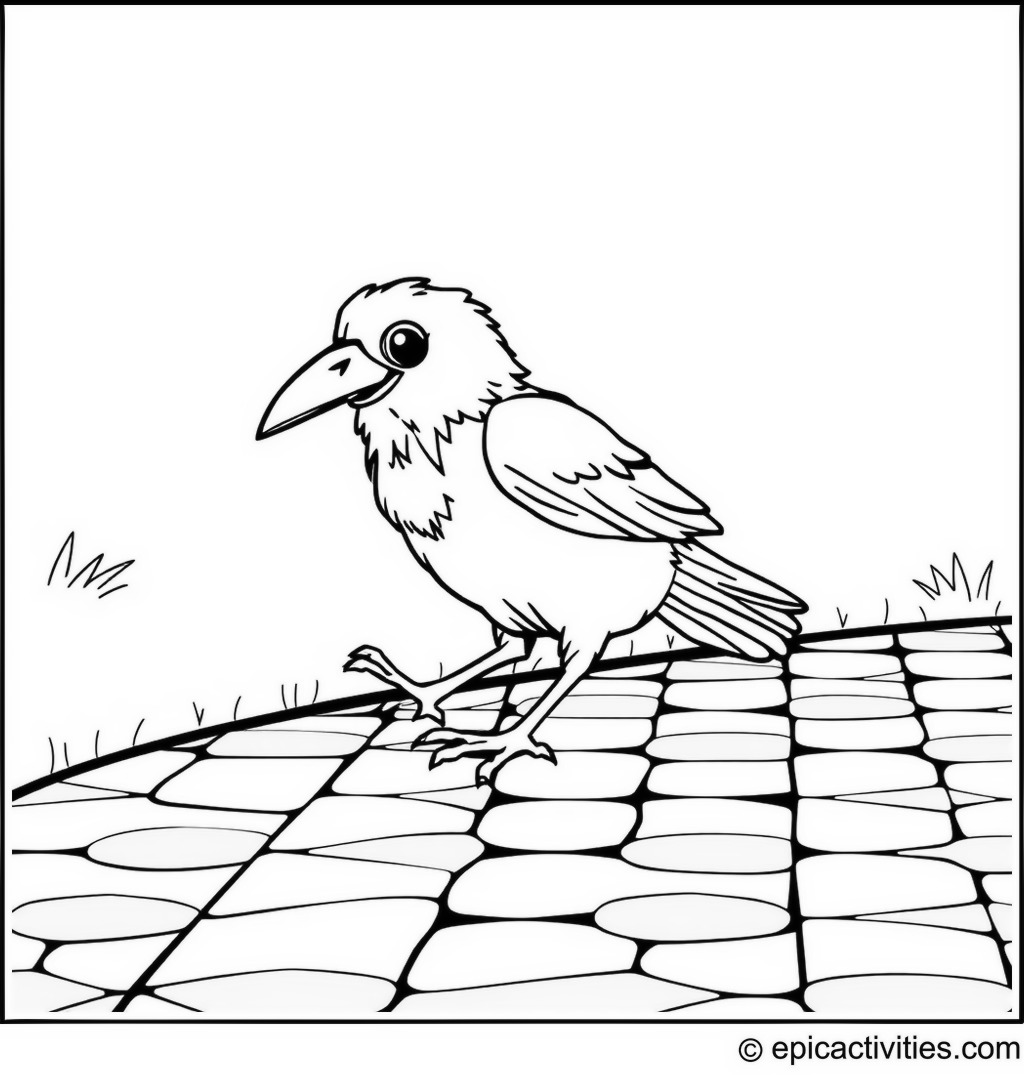Coloring page of a playful raven on a checkerboard hopscotch path