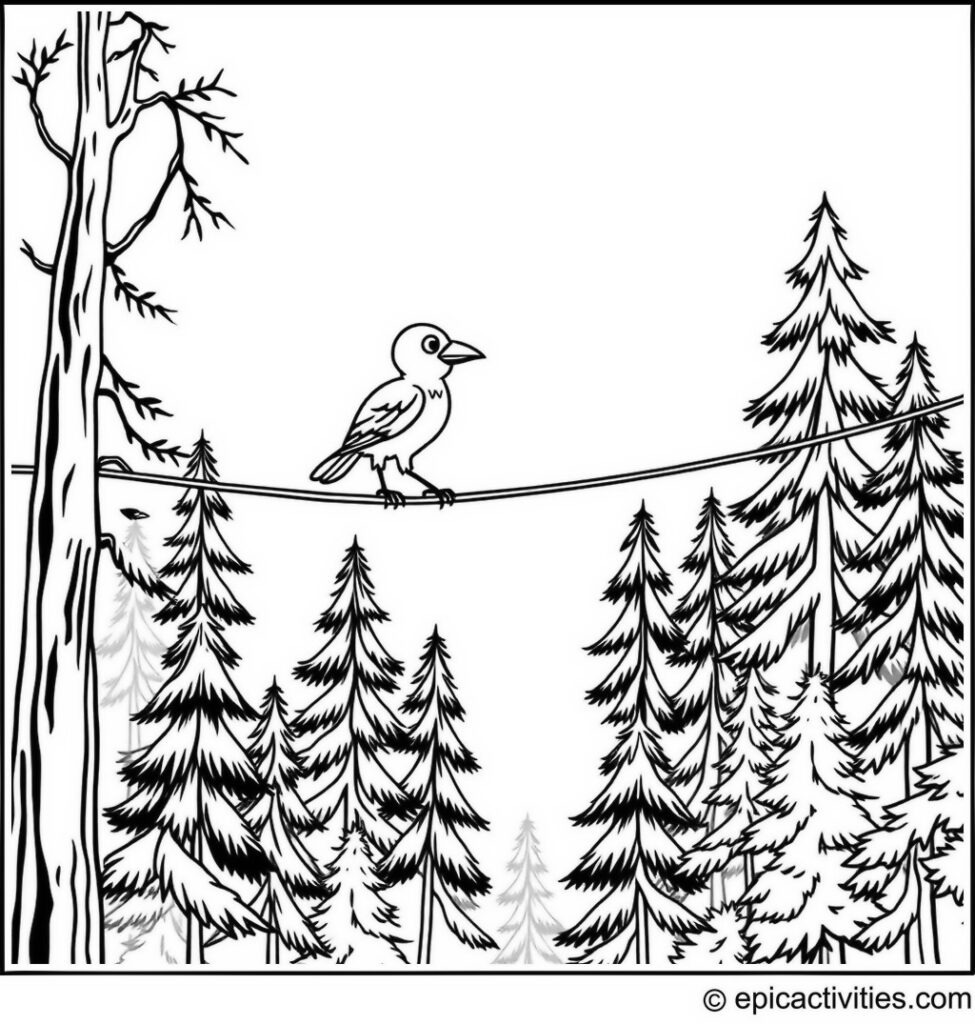 Coloring page of a Raven Balancing on a Tightrope in a Forest