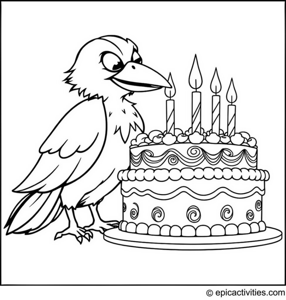 Coloring page of a Raven Blowing Out Birthday Candles on a Cake