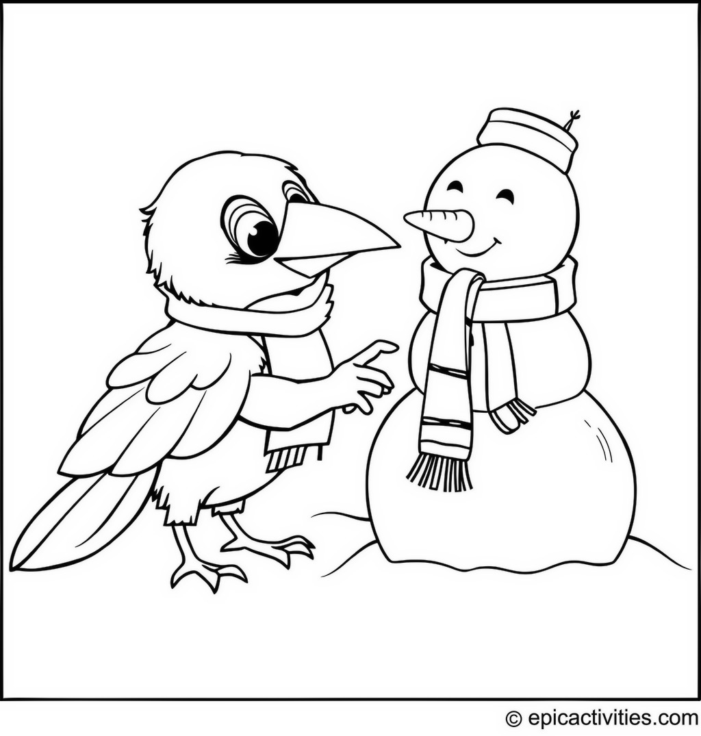 Coloring page of a Raven Building a Snowman with a Carrot Nose and Scarf